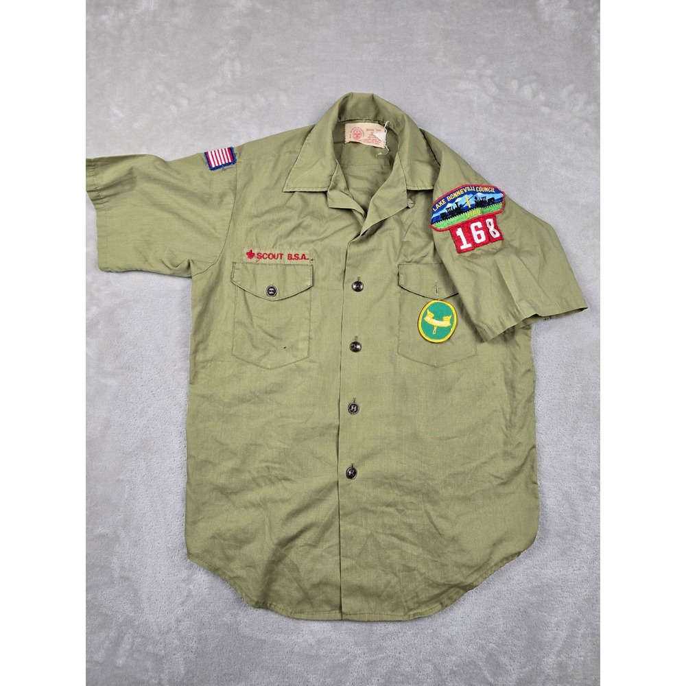 Vintage Boy Scouts of America Shirt Kids L Green Short Sleeve Patches Light Read